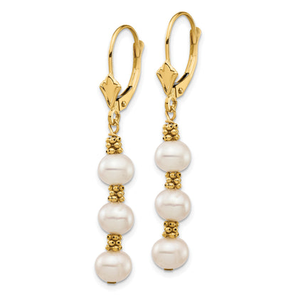 14k 5-6mm White Semi-Round Freshwater Cultured Pearl Dangle Leverback Earrings