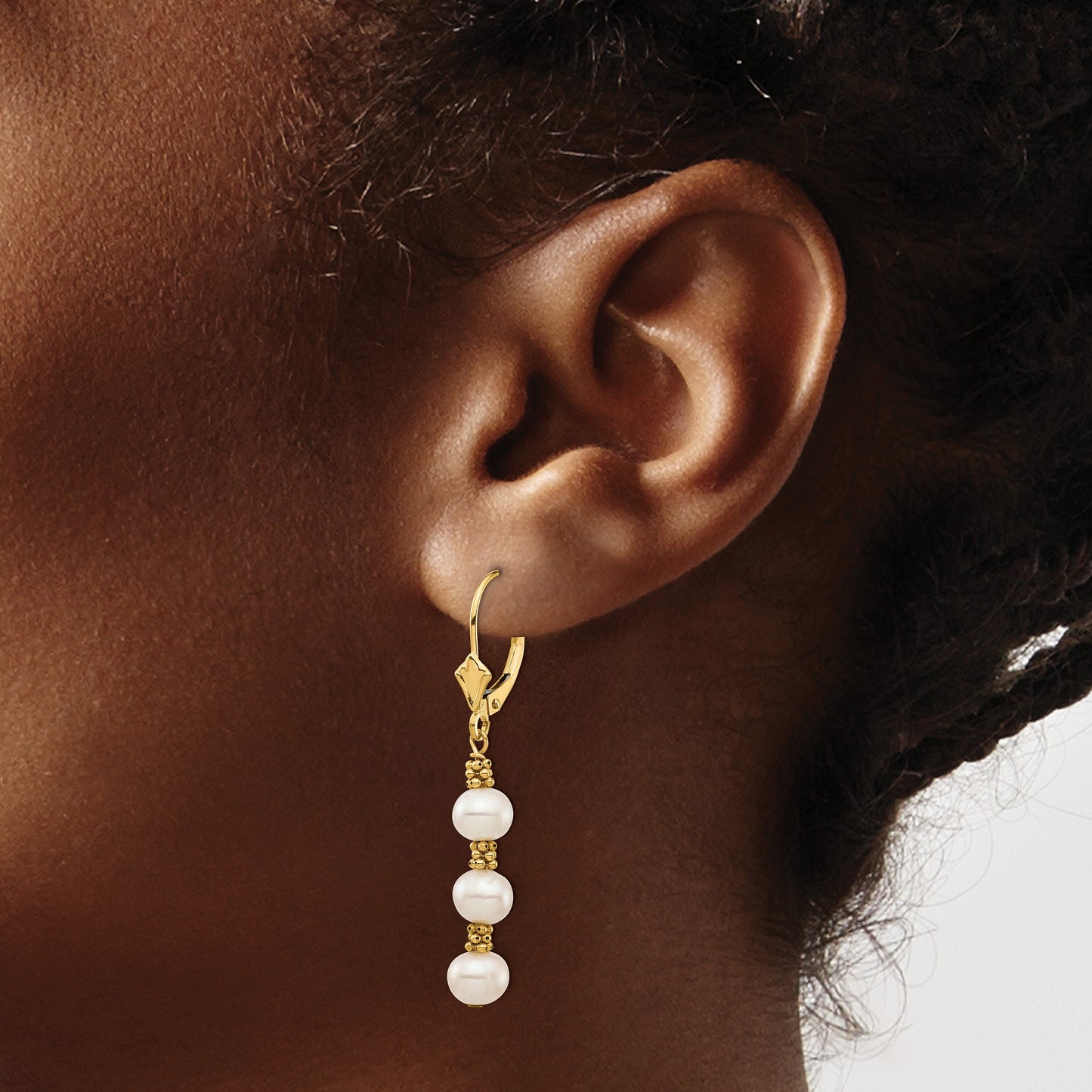 14k 5-6mm White Semi-Round Freshwater Cultured Pearl Dangle Leverback Earrings