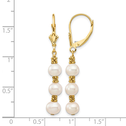 14k 5-6mm White Semi-Round Freshwater Cultured Pearl Dangle Leverback Earrings