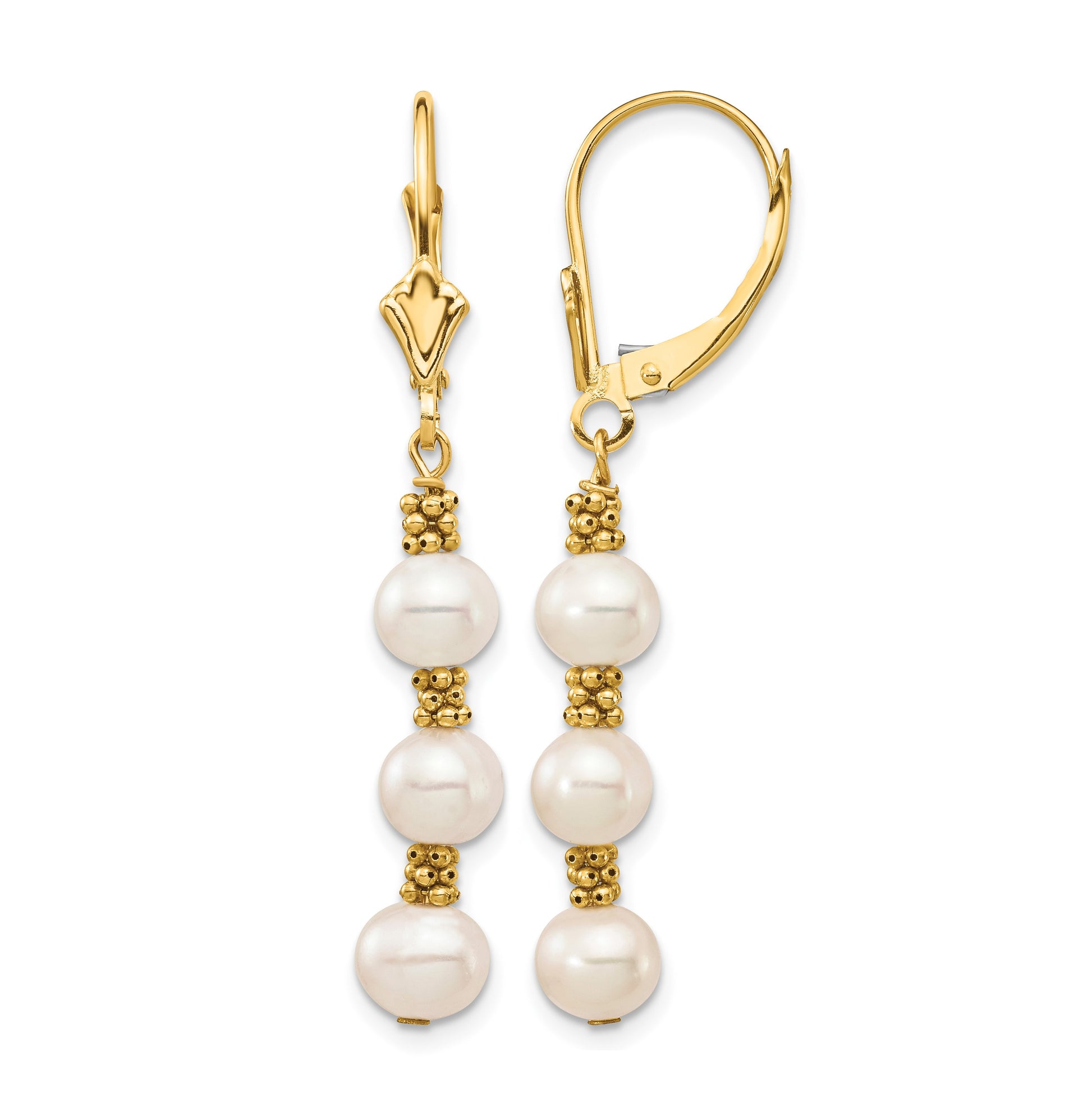 14k 5-6mm White Semi-Round Freshwater Cultured Pearl Dangle Leverback Earrings