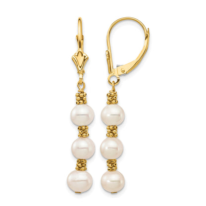 14k 5-6mm White Semi-Round Freshwater Cultured Pearl Dangle Leverback Earrings
