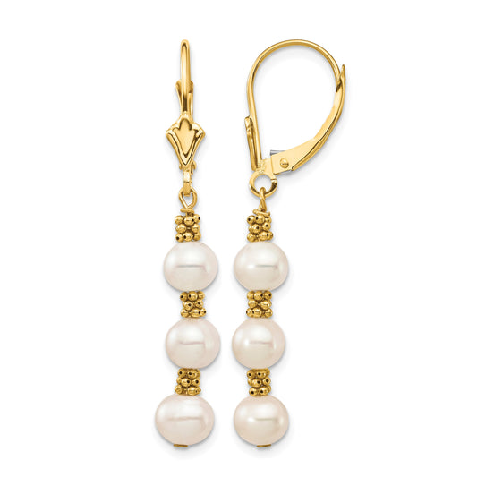 14k 5-6mm White Semi-Round Freshwater Cultured Pearl Dangle Leverback Earrings