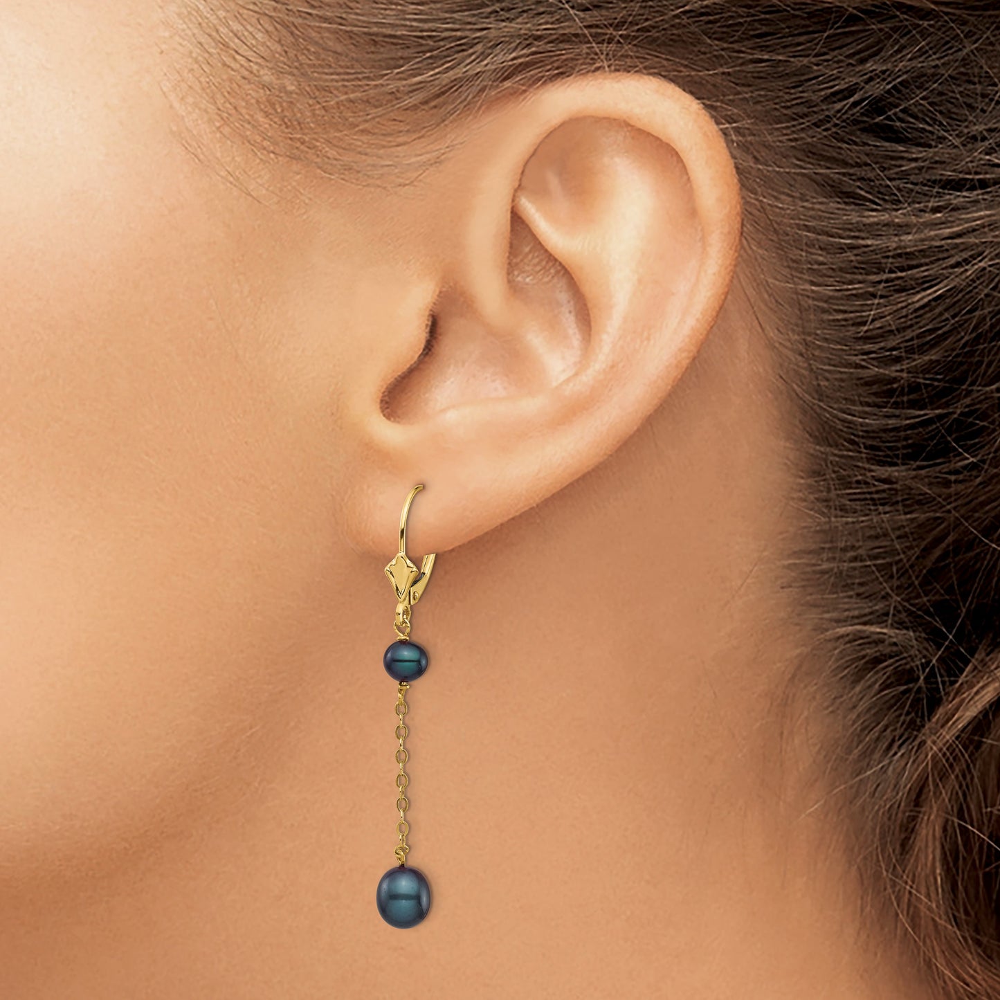 14k 5-7mm Black Rice and Semi-Round Freshwater Cultured Pearl Chain Dangle Leverback Earrings