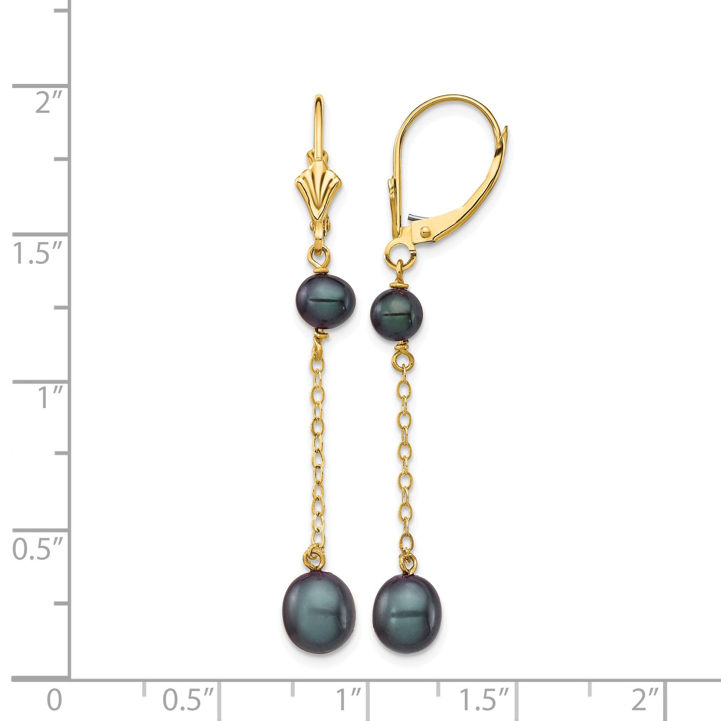 14k 5-7mm Black Rice and Semi-Round Freshwater Cultured Pearl Chain Dangle Leverback Earrings
