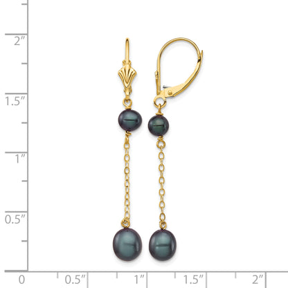 14k 5-7mm Black Rice and Semi-Round Freshwater Cultured Pearl Chain Dangle Leverback Earrings