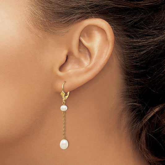 14k 5-7mm White Rice and Semi-Round Freshwater Cultured Pearl Chain Dangle Leverback Earrings
