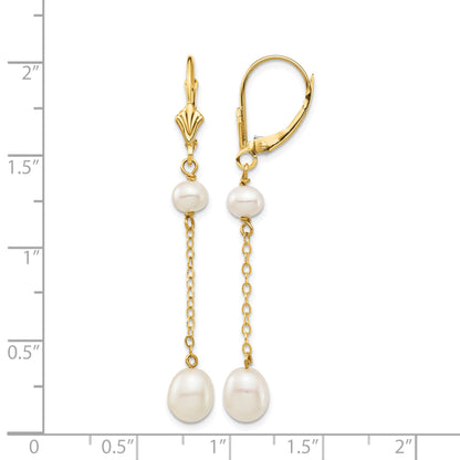 14k 5-7mm White Rice and Semi-Round Freshwater Cultured Pearl Chain Dangle Leverback Earrings