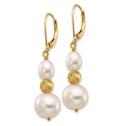 14k 6-10mm White Round and Rice Freshwater Cultured Pearland Diamond-cut Beaded Dangle Leverback Earrings