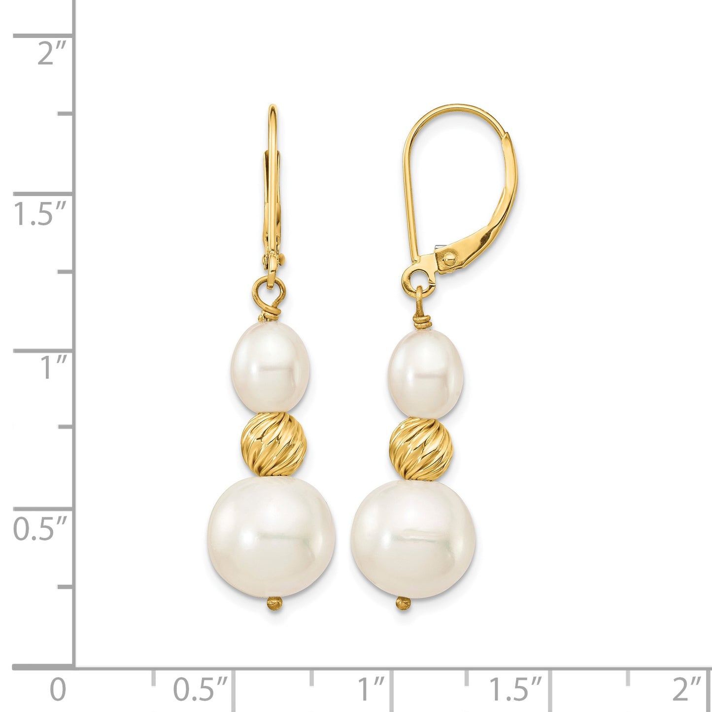 14k 6-10mm White Round and Rice Freshwater Cultured Pearland Diamond-cut Beaded Dangle Leverback Earrings