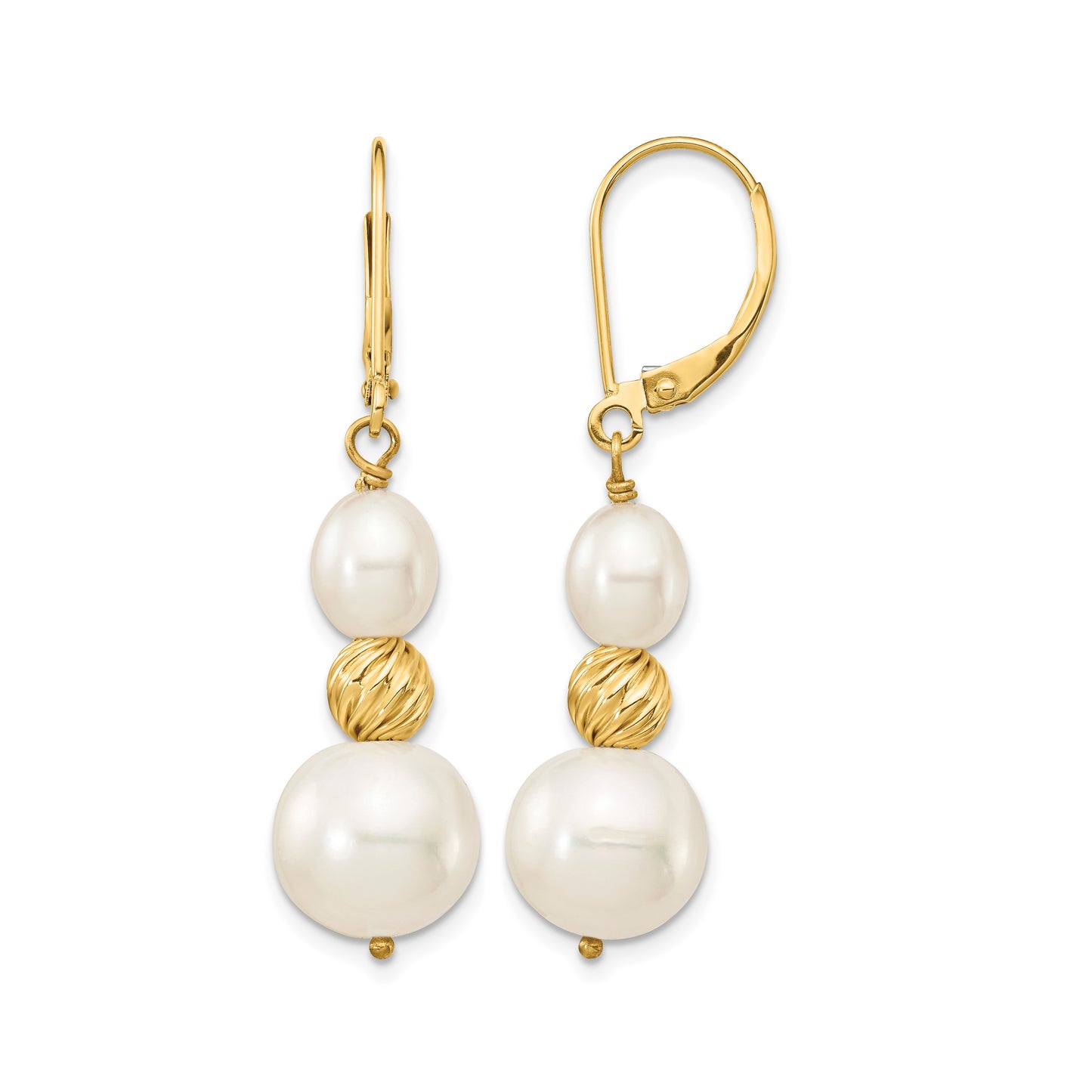 14k 6-10mm White Round and Rice Freshwater Cultured Pearland Diamond-cut Beaded Dangle Leverback Earrings