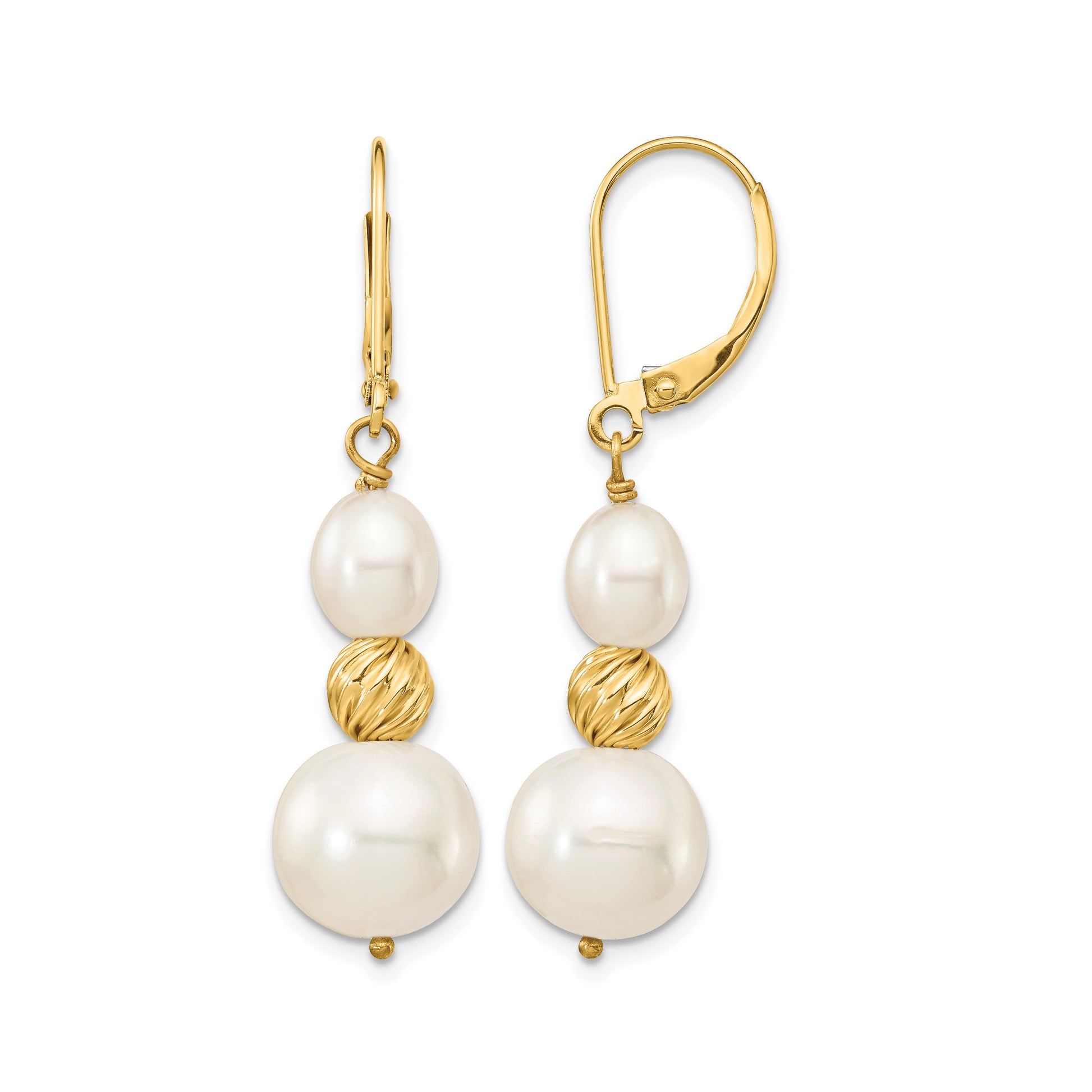 14k 6-10mm White Round and Rice Freshwater Cultured Pearland Diamond-cut Beaded Dangle Leverback Earrings