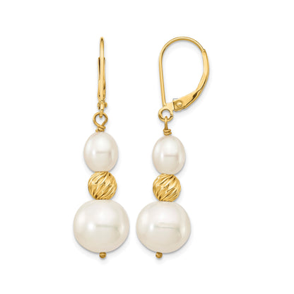14k 6-10mm White Round and Rice Freshwater Cultured Pearland Diamond-cut Beaded Dangle Leverback Earrings