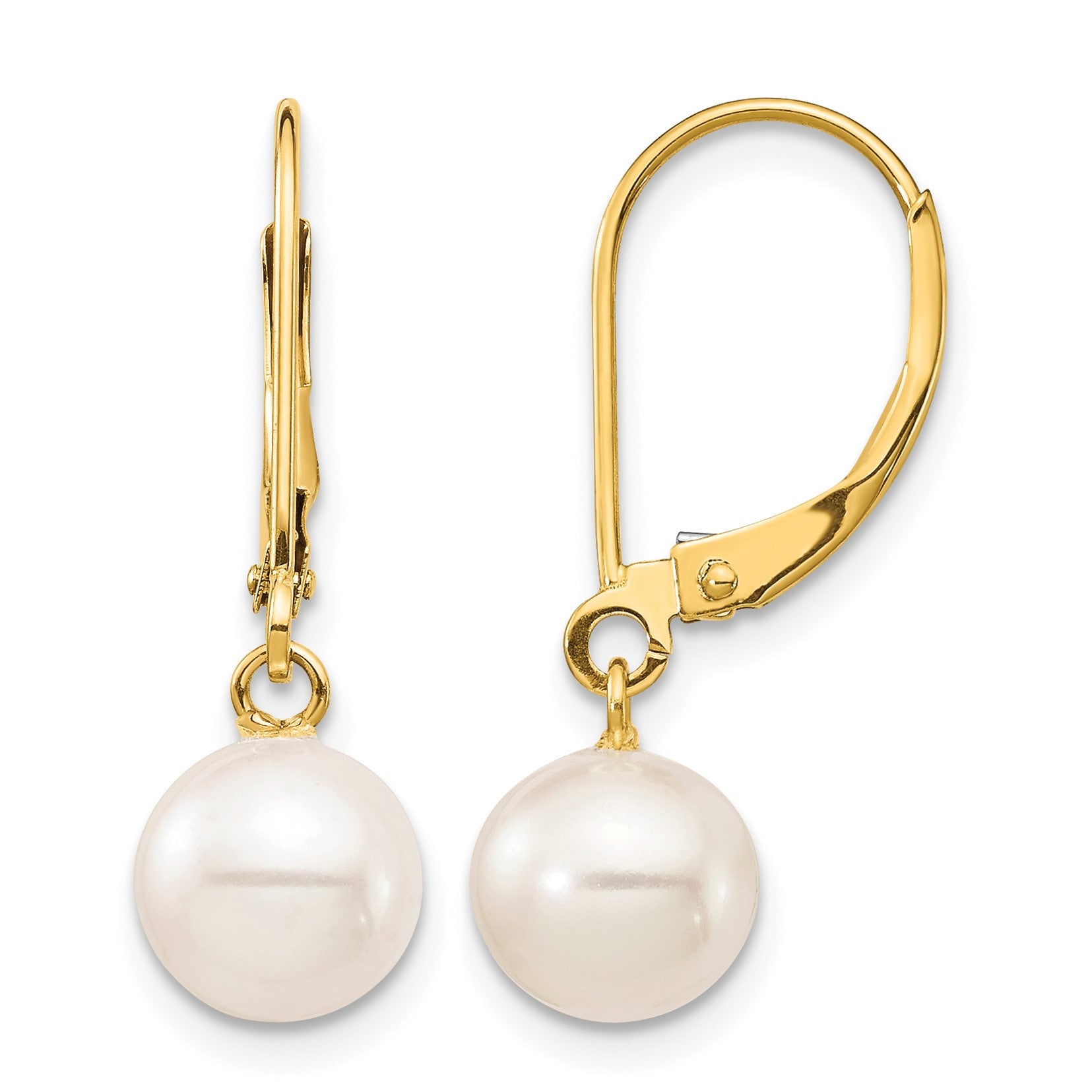 14k 7-8mm White Round Freshwater Cultured Pearl Dangle Leverback Earrings