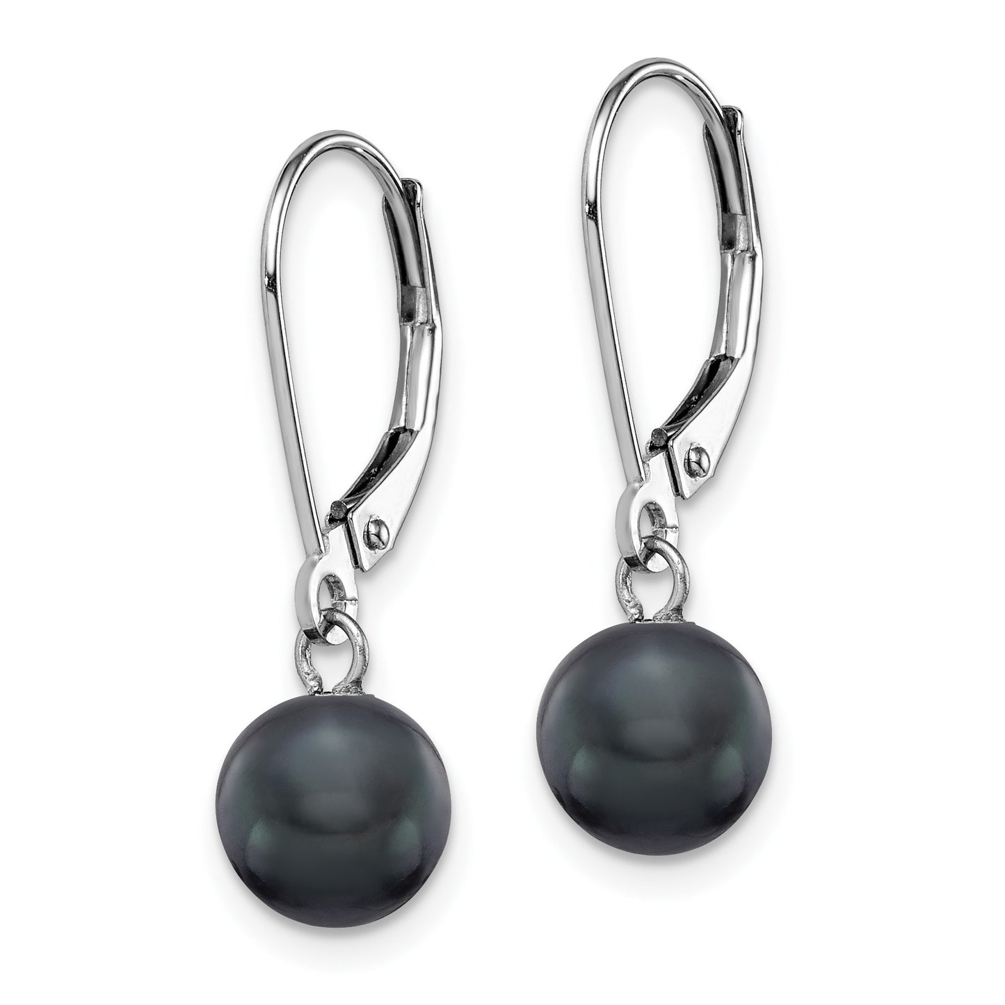 14k White Gold 7-8mm Black Round Freshwater Cultured Pearl Dangle Leverback Earrings