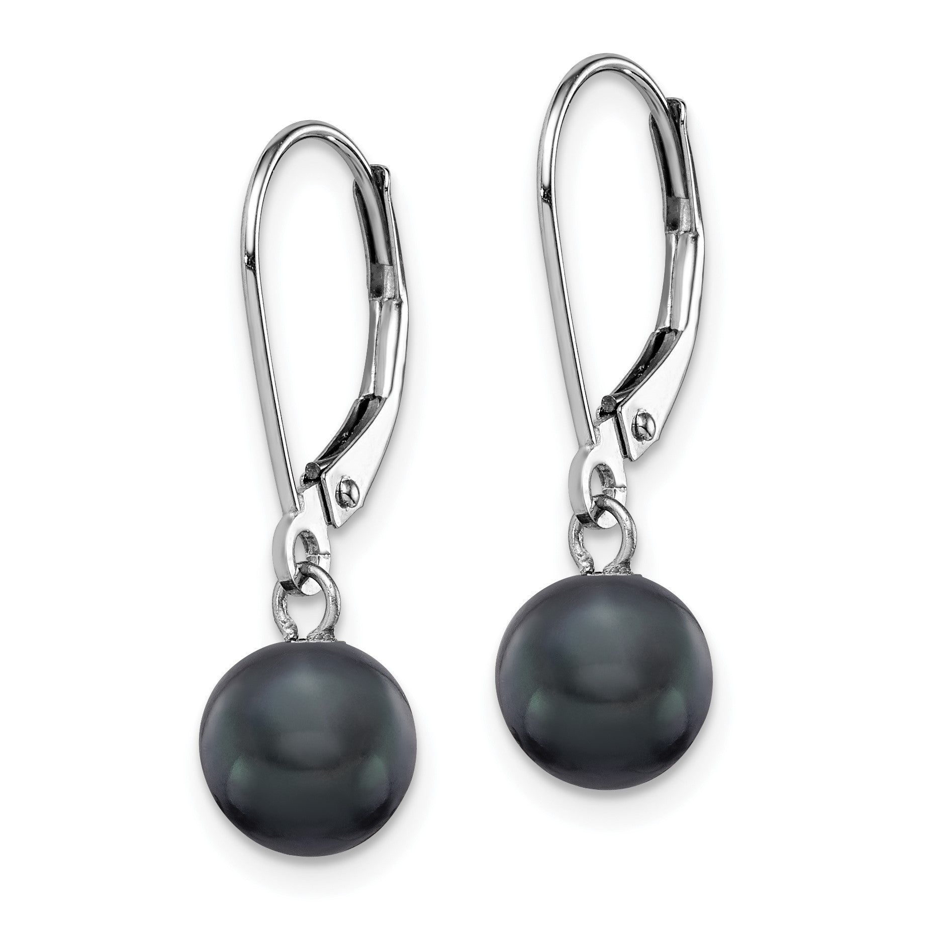 14k White Gold 7-8mm Black Round Freshwater Cultured Pearl Dangle Leverback Earrings