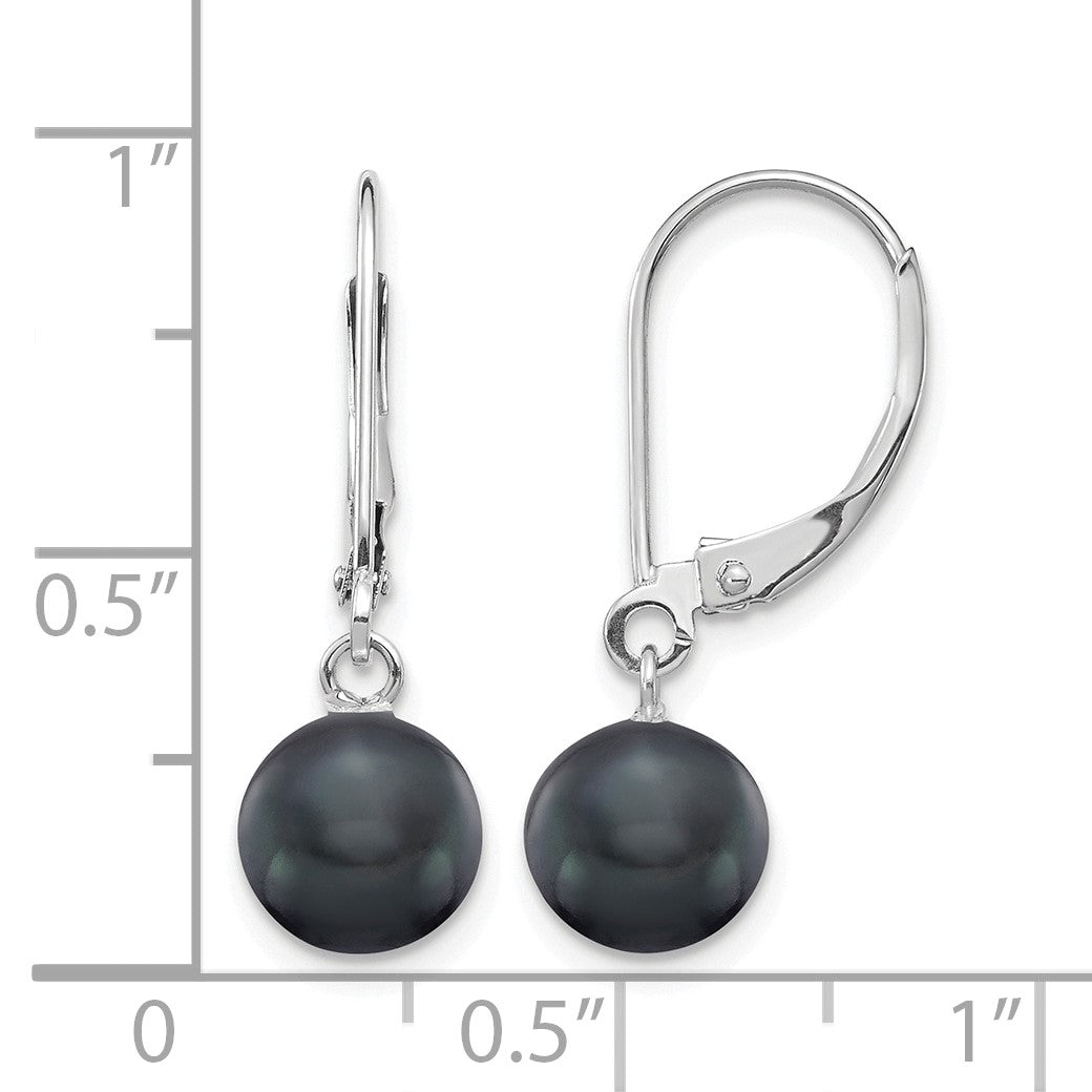 14k White Gold 7-8mm Black Round Freshwater Cultured Pearl Dangle Leverback Earrings