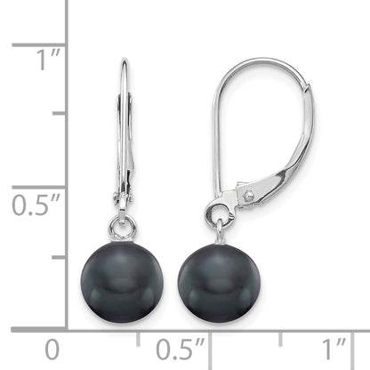 14k White Gold 7-8mm Black Round Freshwater Cultured Pearl Dangle Leverback Earrings