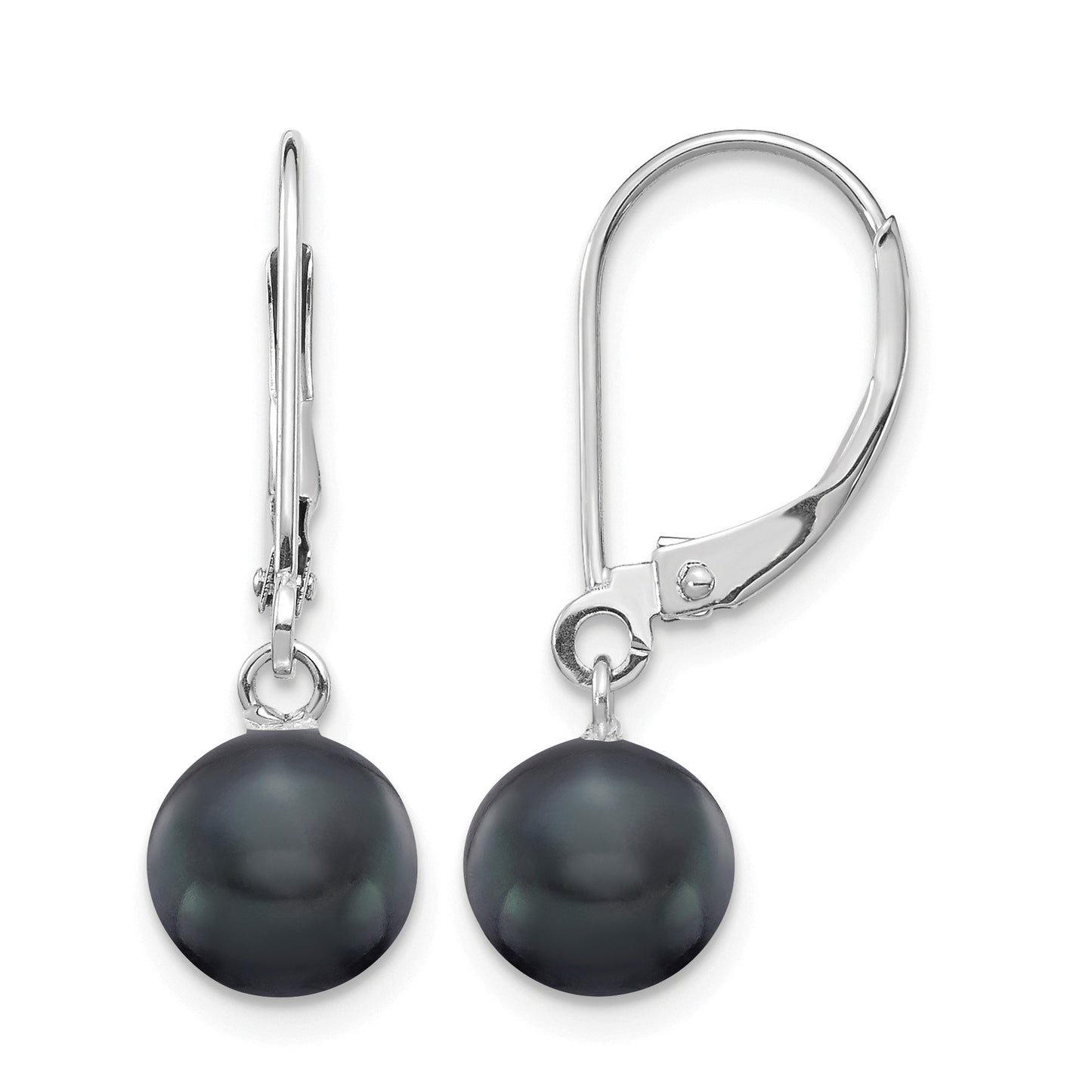 14k White Gold 7-8mm Black Round Freshwater Cultured Pearl Dangle Leverback Earrings
