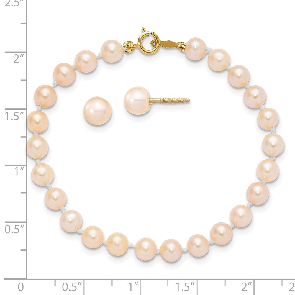 14k Madi K 4-5mm Pink Freshwater Cultured Pearl 5.5 inch Bracelet and Post Earrings Set