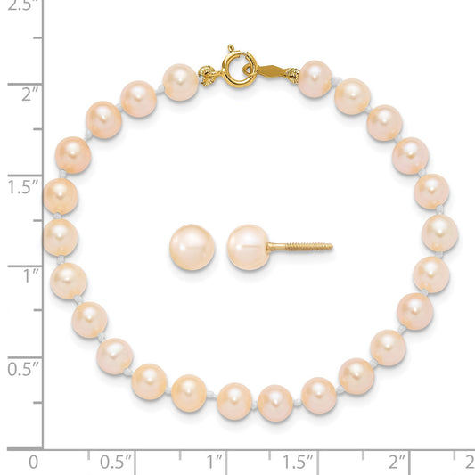 14k Madi K 4-5mm Pink Freshwater Cultured Pearl 5.5 inch Bracelet and Post Earrings Set