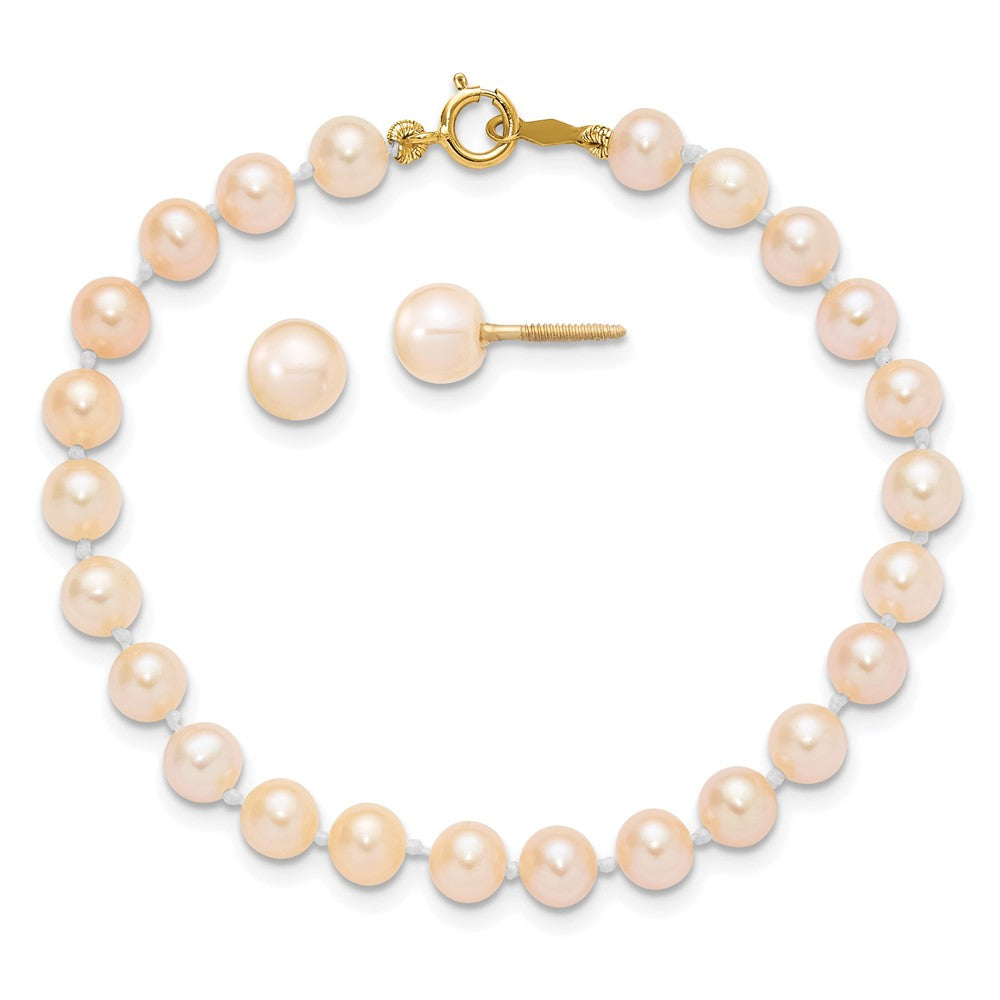 14k Madi K 4-5mm Pink Freshwater Cultured Pearl 5.5 inch Bracelet and Post Earrings Set