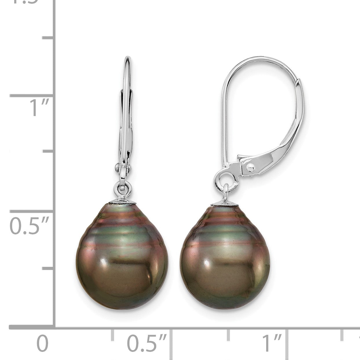 14k White Gold 10-11mm Black Teardrop Tahitian Saltwater Cultured Pearl Leverback Dangle Earrings