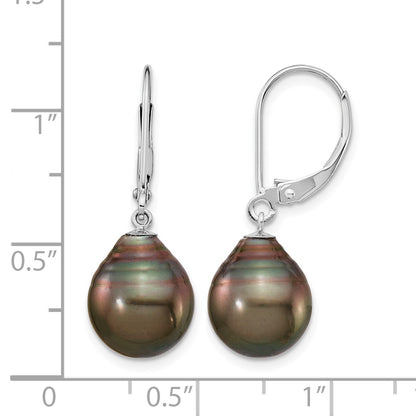 14k White Gold 10-11mm Black Teardrop Tahitian Saltwater Cultured Pearl Leverback Dangle Earrings