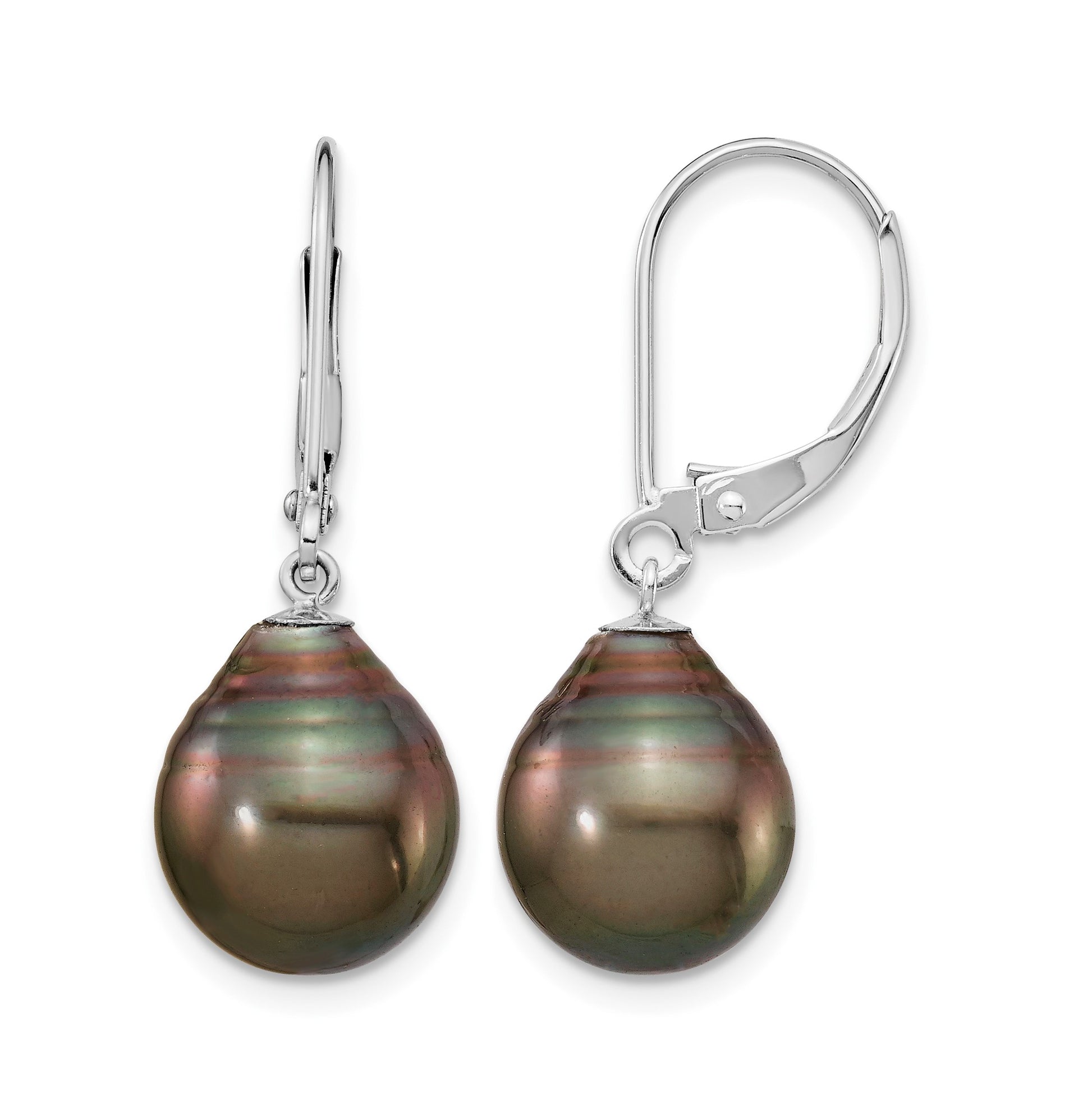 14k White Gold 10-11mm Black Teardrop Tahitian Saltwater Cultured Pearl Leverback Dangle Earrings