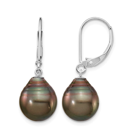 14k White Gold 10-11mm Black Teardrop Tahitian Saltwater Cultured Pearl Leverback Dangle Earrings