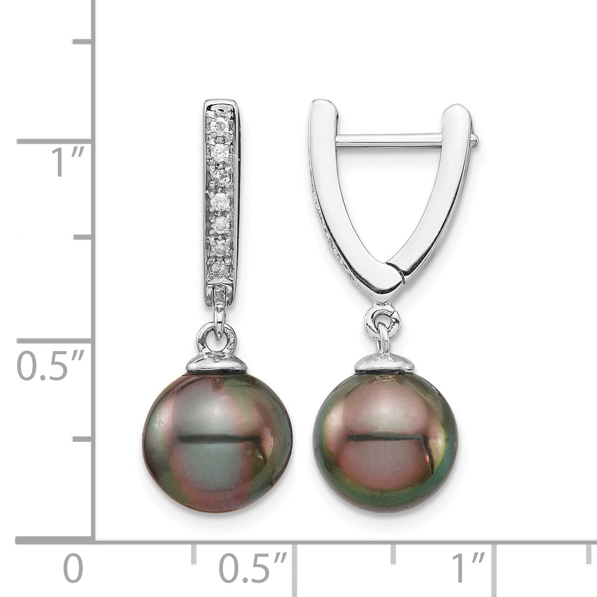 14k White Gold 9-10mm Black Round Tahitian Saltwater Cultured Pearl and .10 Carat Diamond Dangle Earrings