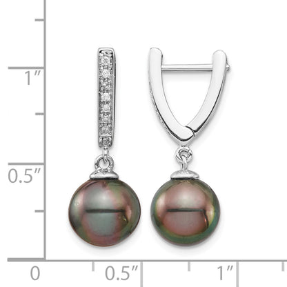 14k White Gold 9-10mm Black Round Tahitian Saltwater Cultured Pearl and .10 Carat Diamond Dangle Earrings