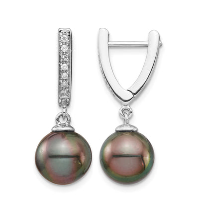 14k White Gold 9-10mm Black Round Tahitian Saltwater Cultured Pearl and .10 Carat Diamond Dangle Earrings