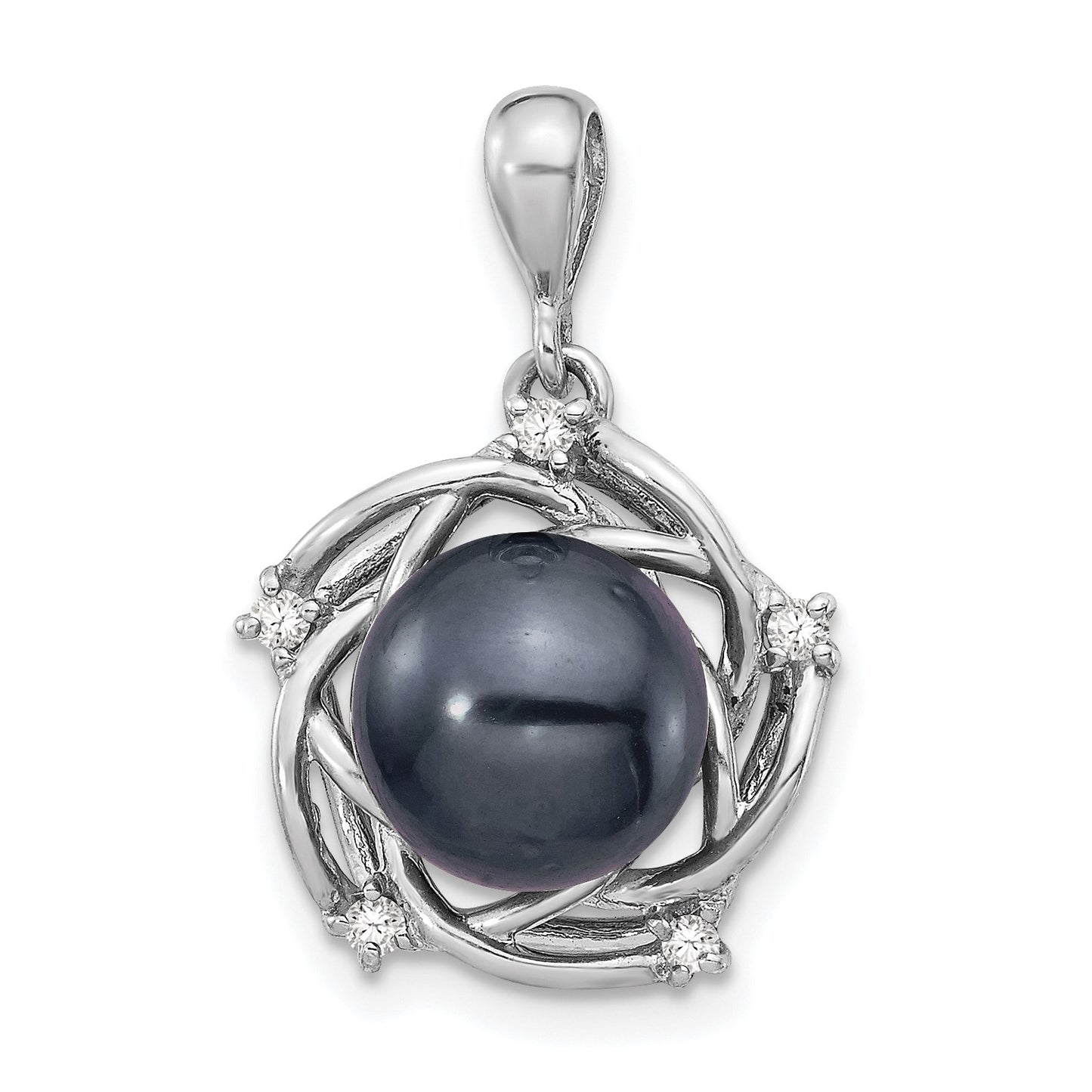 14k White Gold 8-9mm Black Round Tahitian Saltwater Cultured Pearl and .075 Carat Diamond Pendant