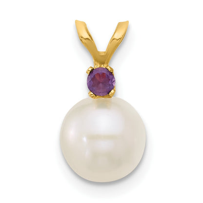 14k 7-7.5mm White Round Freshwater Cultured Pearl and .07AM Amethyst Pendant