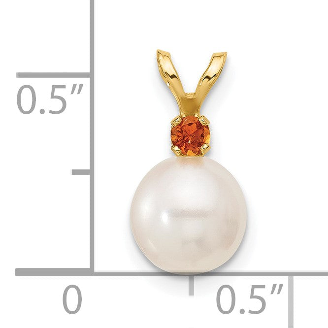 14k 7-7.5mm White Round Freshwater Cultured Pearl and .07CI Citrine Pendant