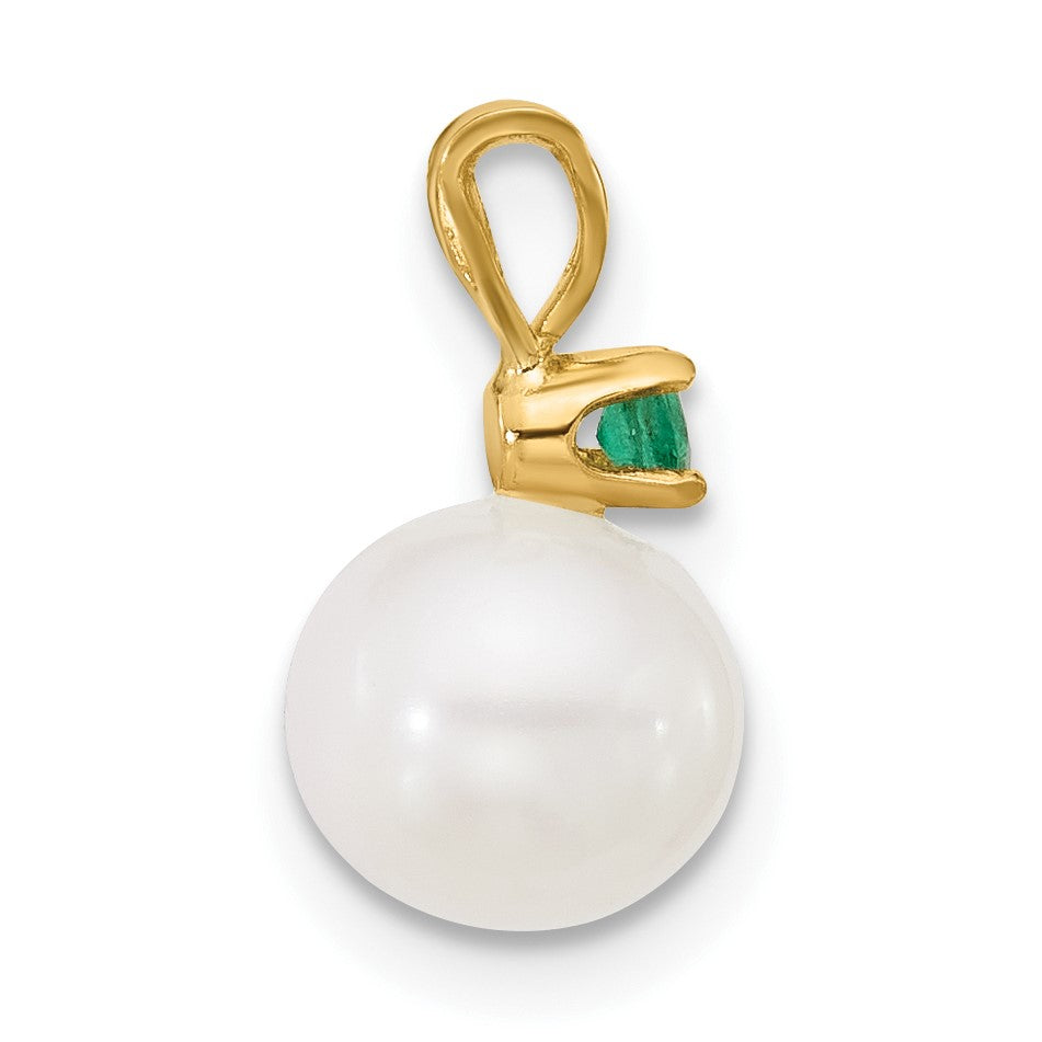 14k 7-7.5mm White Round Freshwater Cultured Pearl and .09EM Emerald Pendant