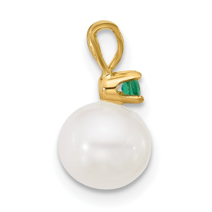 14k 7-7.5mm White Round Freshwater Cultured Pearl and .09EM Emerald Pendant