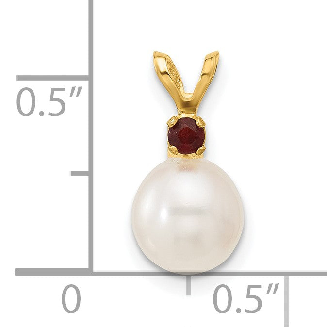 14k 7-7.5mm White Round Freshwater Cultured Pearl and .09GA Garnet Pendant