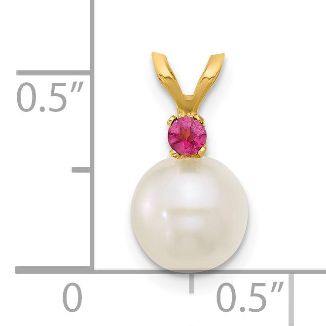 14k 7-7.5mm White Round Freshwater Cultured Pearl and .07PT Pink Topaz Pendant