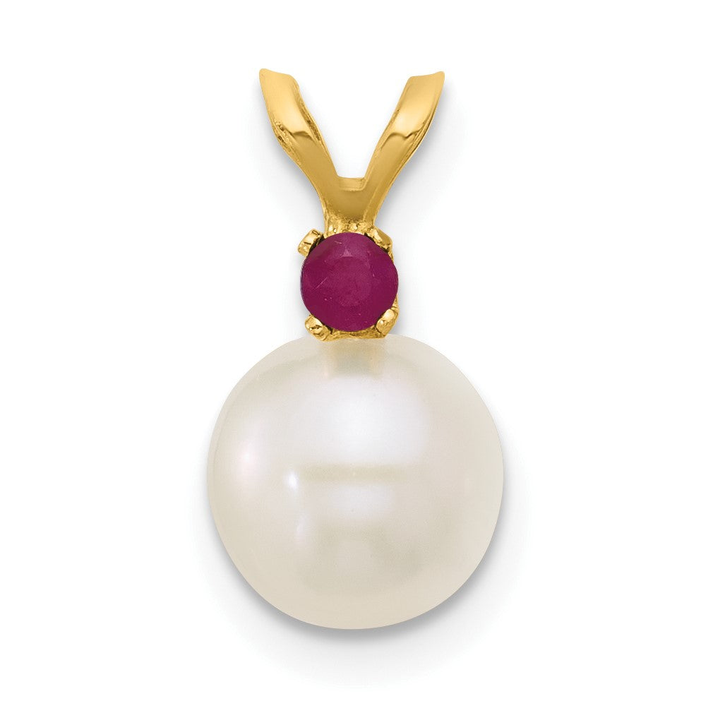 14k 7-7.5mm White Round Freshwater Cultured Pearl and .09RU Ruby Pendant