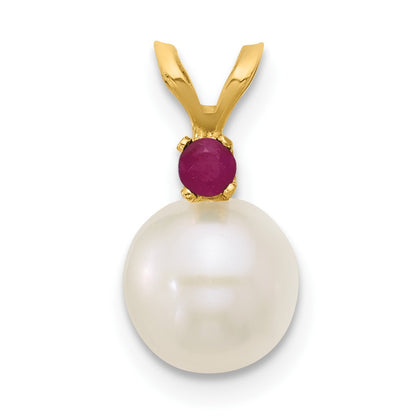 14k 7-7.5mm White Round Freshwater Cultured Pearl and .09RU Ruby Pendant