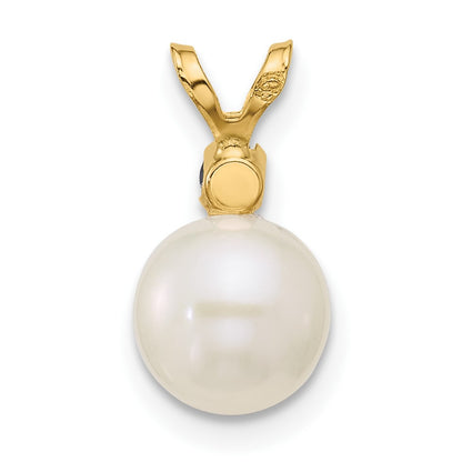 14k 7-7.5mm White Round Freshwater Cultured Pearl and .09SA Sapphire Pendant