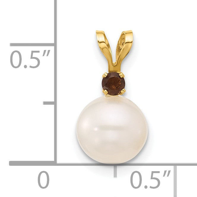 14k 7-7.5mm White Round Freshwater Cultured Pearl and .09SQ Smoky Quartz Pendant