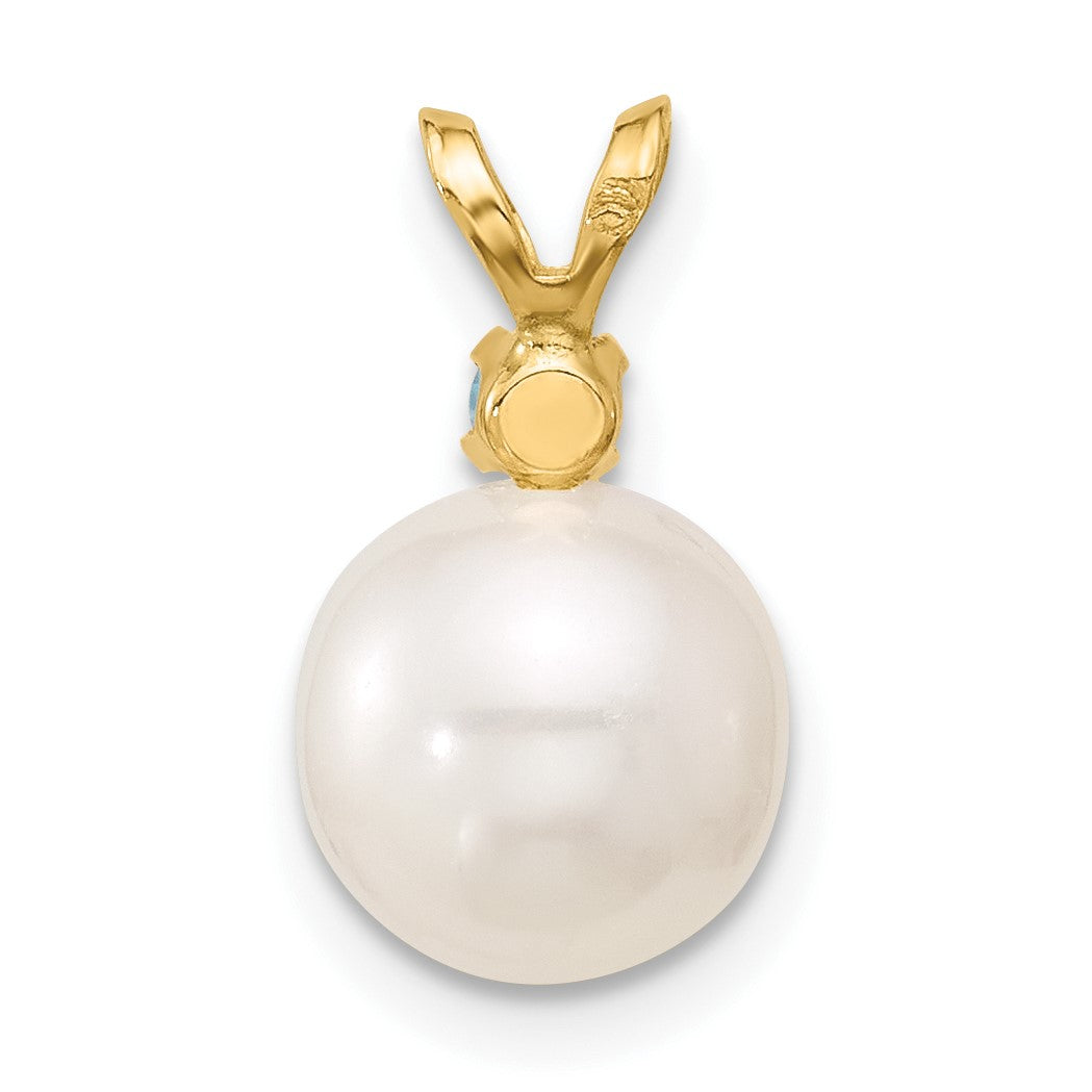14k 8-8.5mm White Round Freshwater Cultured Pearl and .09BT Blue Topaz Pendant