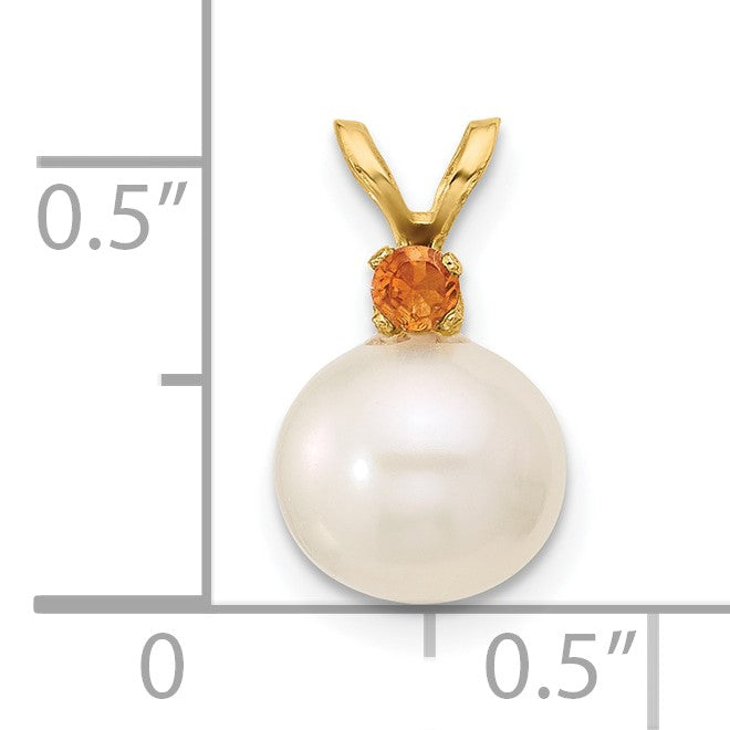 14k 8-8.5mm White Round Freshwater Cultured Pearl and .09CI Citrine Pendant