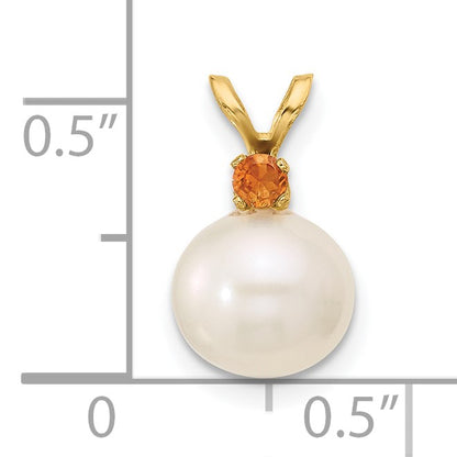14k 8-8.5mm White Round Freshwater Cultured Pearl and .09CI Citrine Pendant