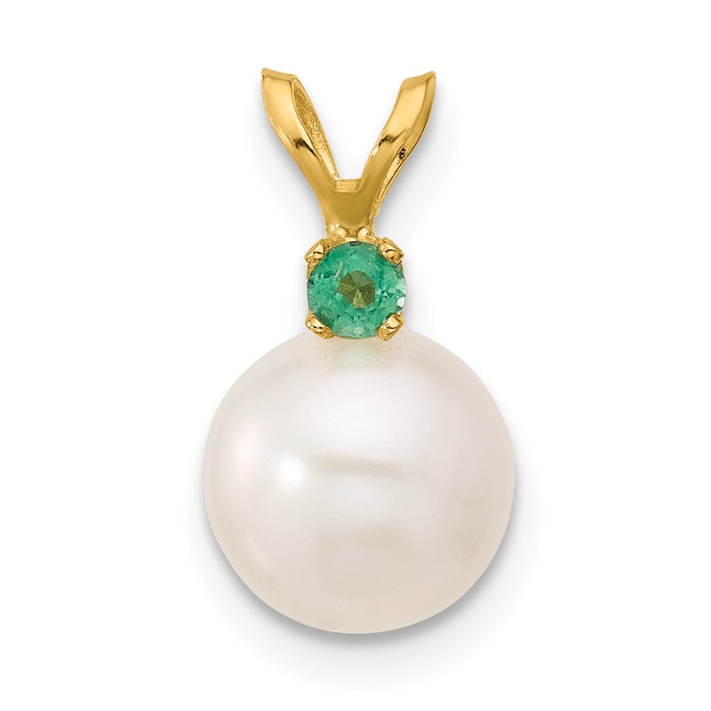 14k8-8.5mm White Round Freshwater Cultured Pearl and .09EM Emerald Pendant