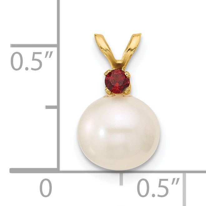 14k 8-8.5mm White Round Freshwater Cultured Pearl and .09GA Garnet Pendant