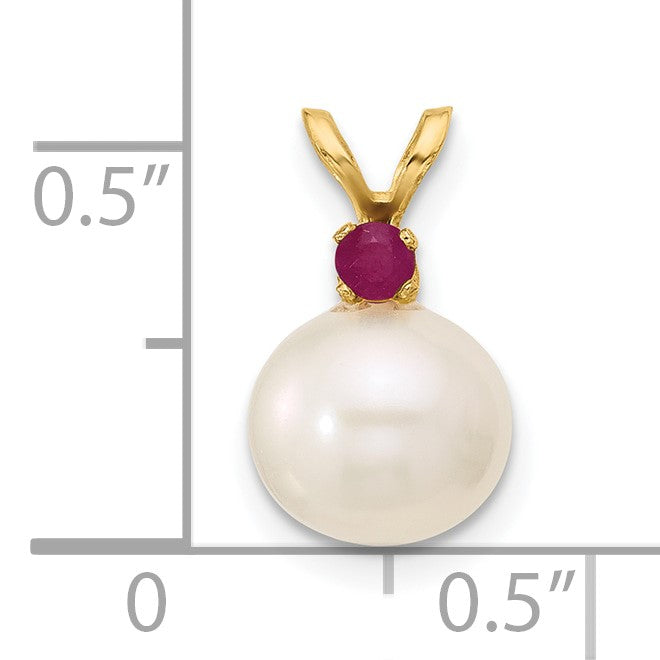 14k 8-8.5mm White Round Freshwater Cultured Pearl and .09RU Ruby Pendant