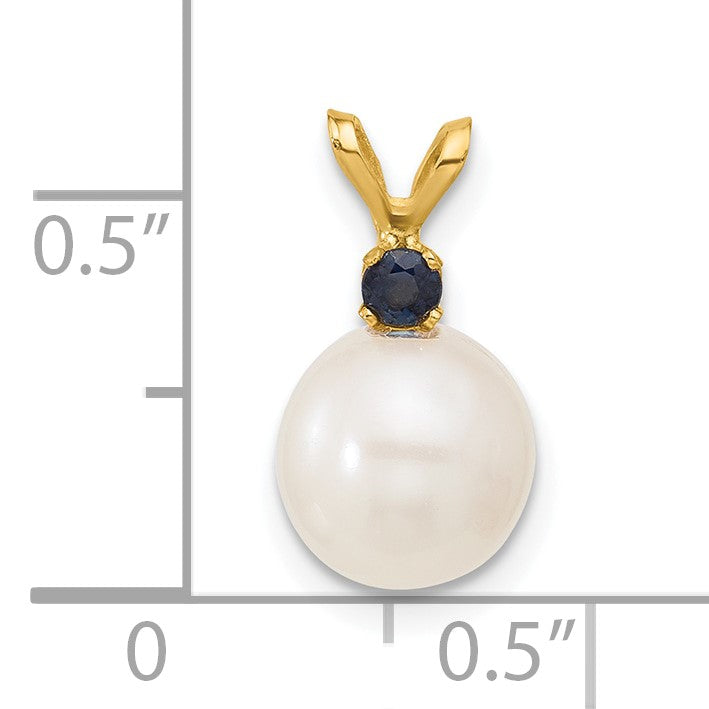 14k 8-8.5mm White Round Freshwater Cultured Pearl and .09SA Sapphire Pendant